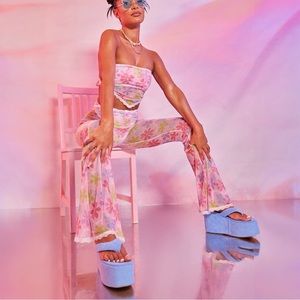 PRETTYLITTLETHING  Pink Flower Lace
Trim Mesh Beach Flares W/ matching top.Small